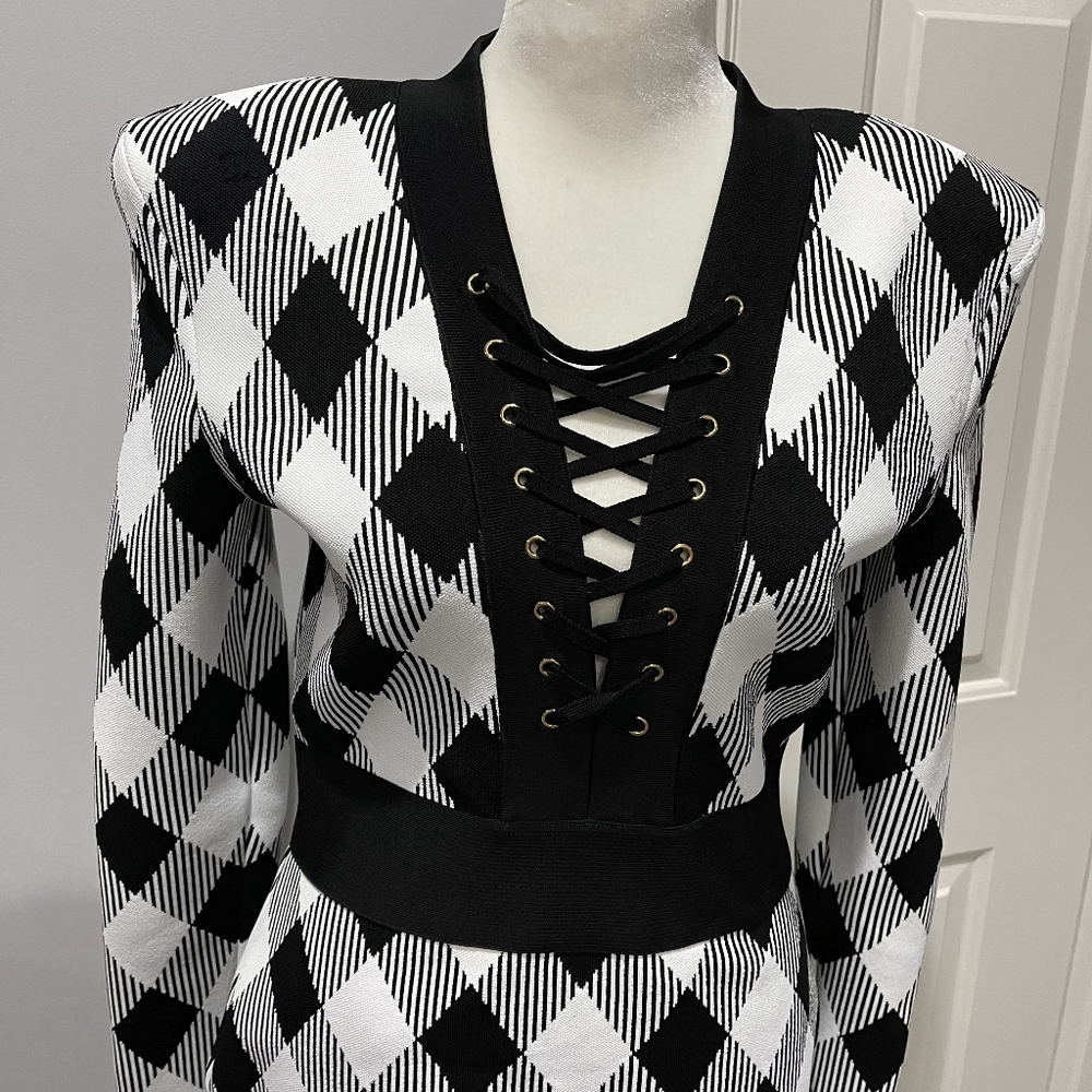 Balmain Gingham Jacquard Long Sleeve Dress - Picture 9 of 14